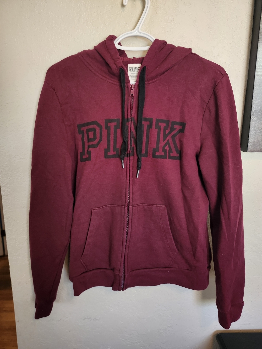 PINK Full-Zip Hoodie in Burgundy with Black Logo Large